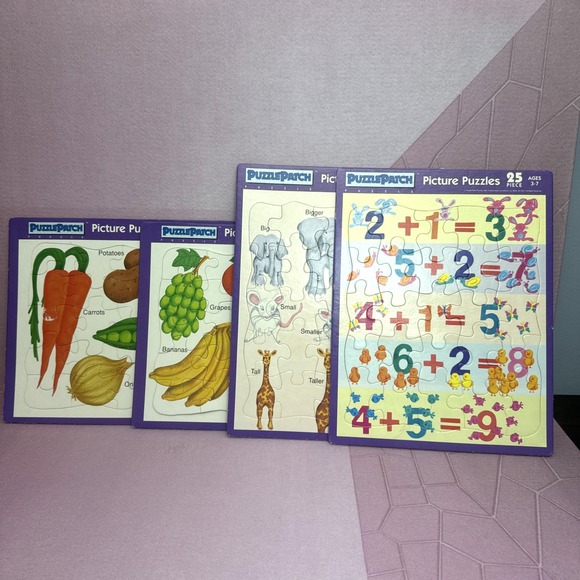 Other - 4 Puzzle Patch 25 pc Picture Puzzle 1992 Fruit Veggie Animals Math Pre K Age 3-7